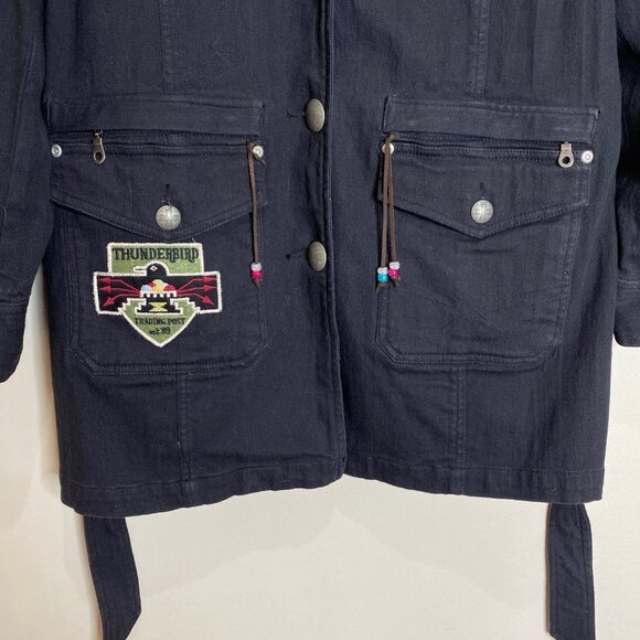 Double D Ranch Long Denim Jacket Embroidered Native American Faux Fur Trim L - Picture 6 of 12